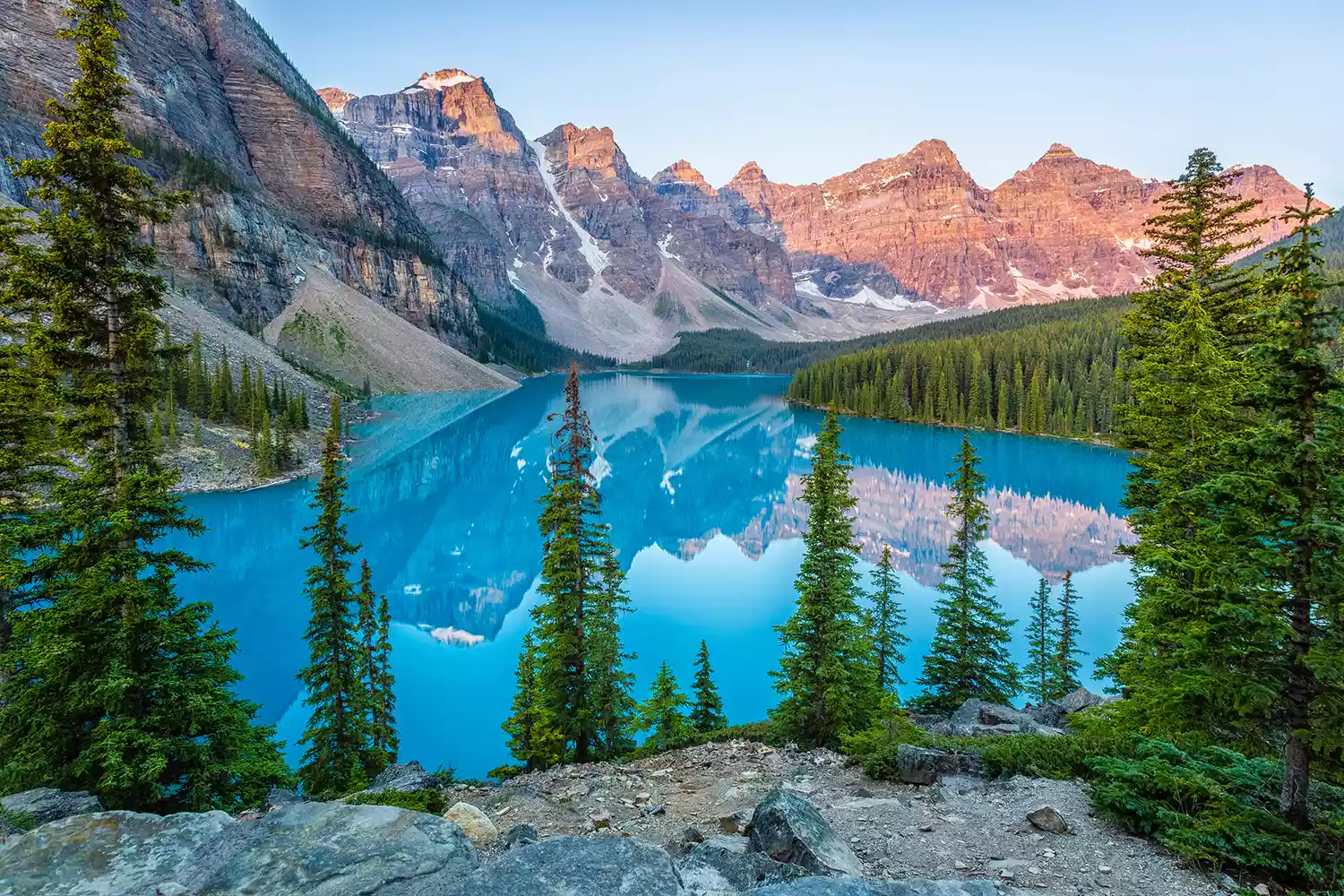 Moraine Lake with Alpen Glow on Ten Peaks Banff National Park Canada