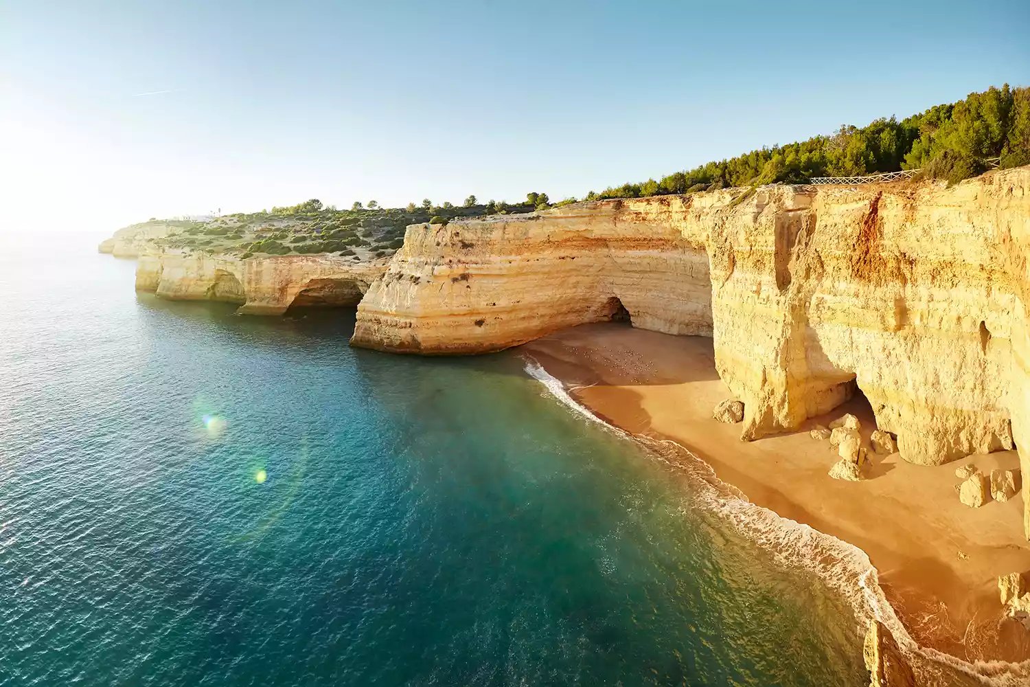 Portuguese coast line with direct sunlight, Benagil, portugal