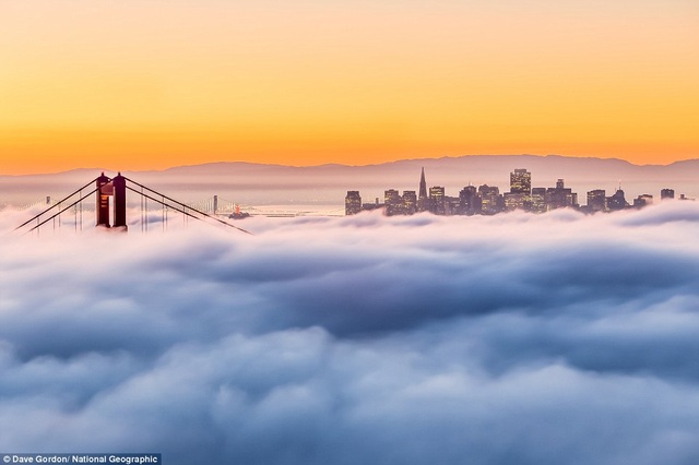 Magical beauty of the Golden Gate Bridge in San Francisco, California, USA, in the white mist floating on a new day.