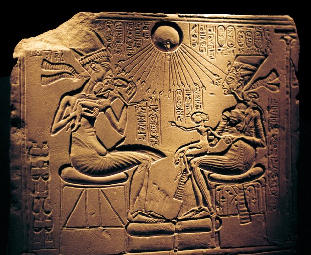 Relief showing Nefertiti and the Egyptian Pharaoh Akhenaten with Aten