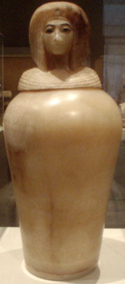 One of the four Egyptian alabaster canopic jars found in KV55, depicting what is thought to be the likeness of Queen Kiya. 