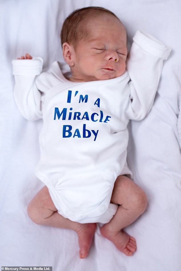 Baby Harvey was born at 32 weeks and spent 16 days in the neonatal unit before his parents could take him home (pictured at four weeks)