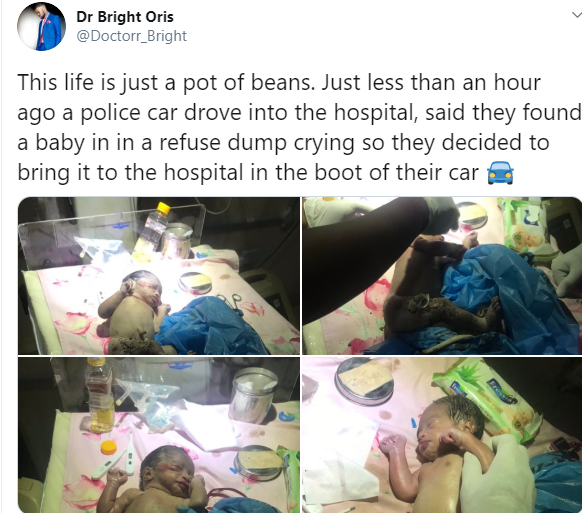 Nigerian doctor recounts how police officers rescued a baby girl dumped inside a dustbin (Photos, Videos)