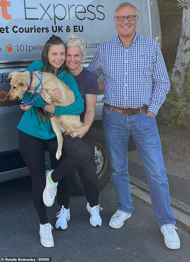 Then after convincing her husband Chris (pictured right, with Natalie and Taylor) about their plan to rehome the cross-breed, she set up a donation page in the hopes of getting him back to Britain