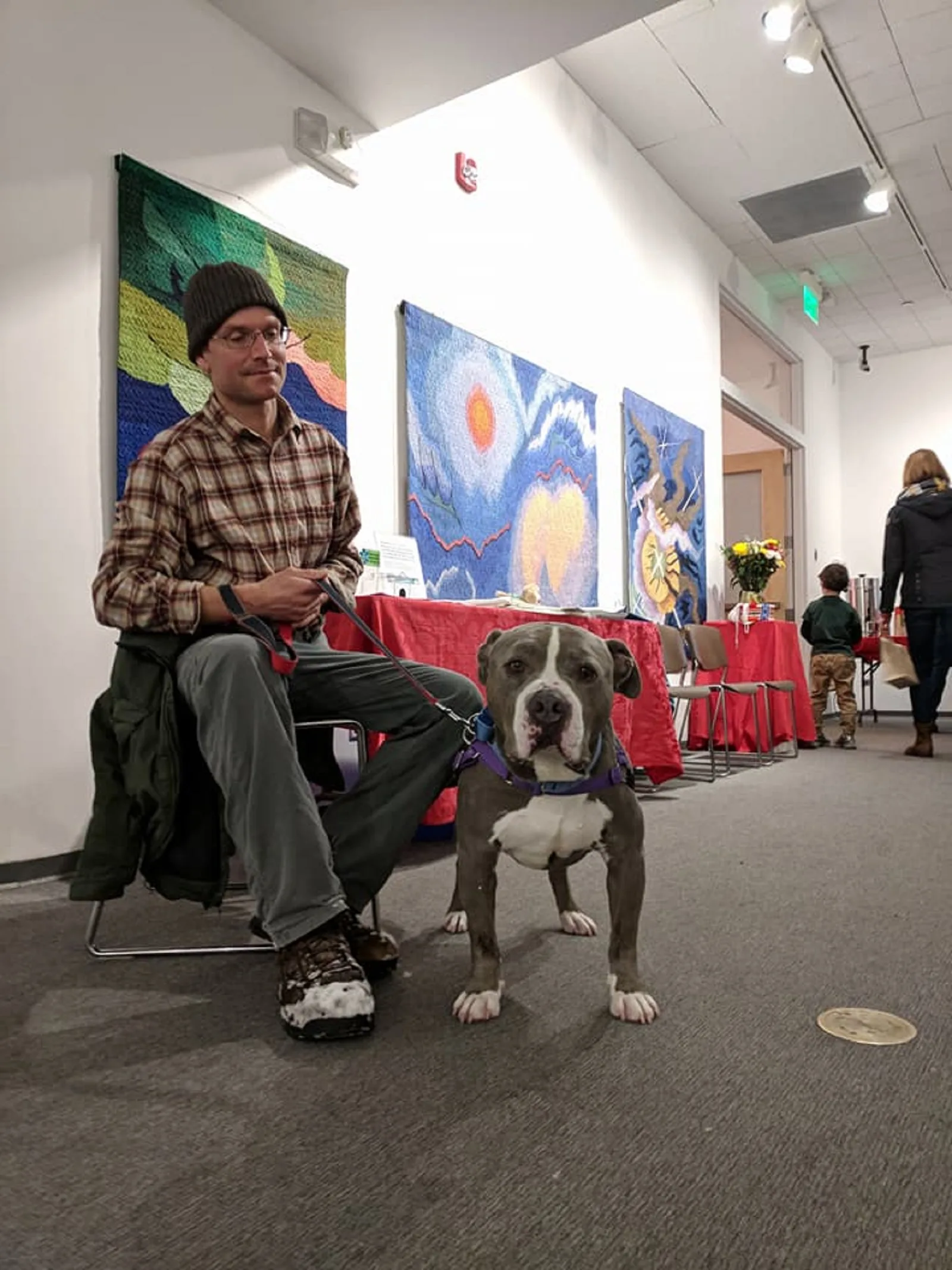 pitbull dog on a leash with his owner